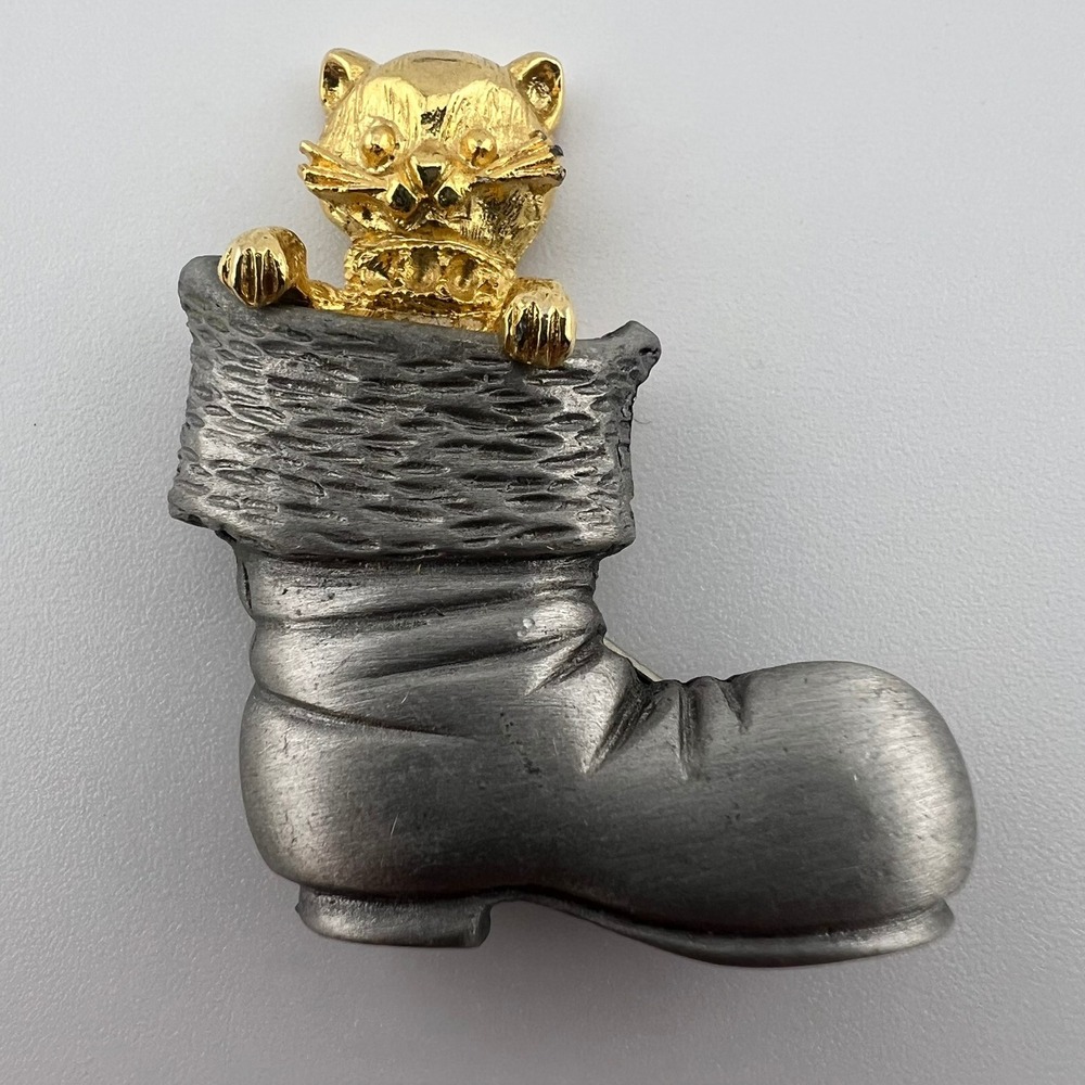 Vintage Gold Tone Cat in Boot Brooch Whimsical Pin Mixed Metalā Kitten Shoe